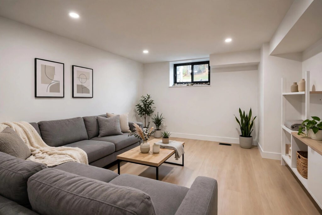 Basement renovation cost Abbotsford – finished basement living room with recessed lighting