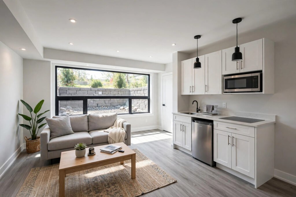 Basement suite permit Abbotsford – legal basement suite living room with kitchenette and egress window