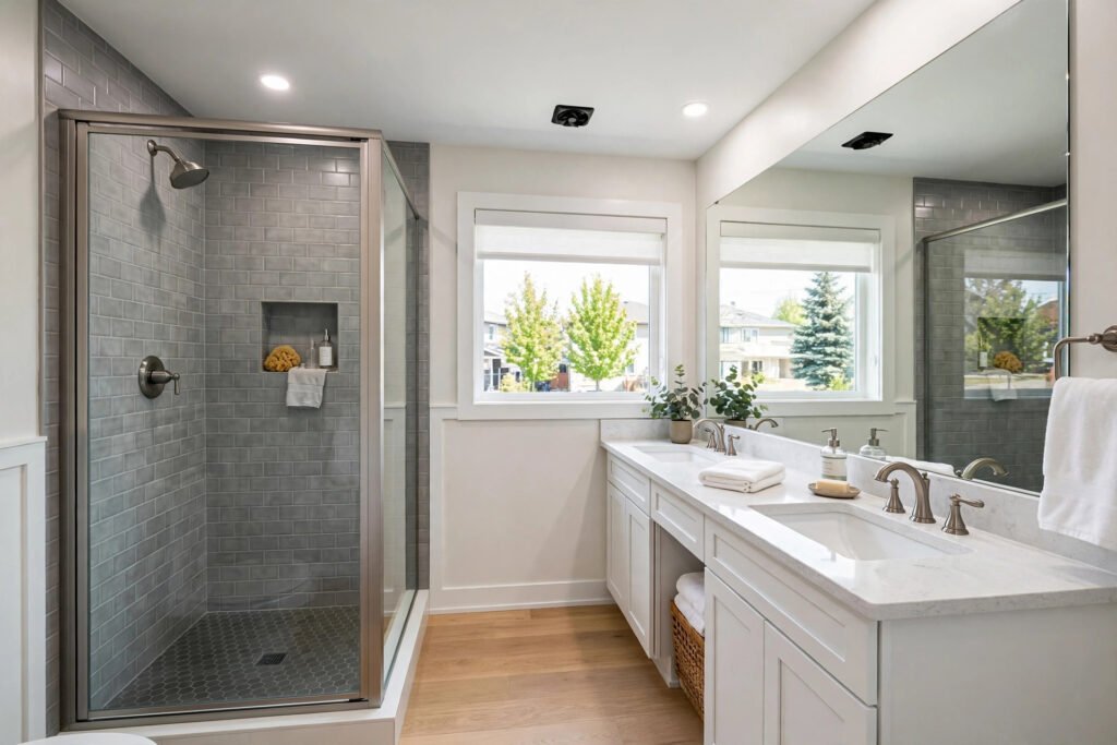 Bathroom renovation cost Abbotsford – renovated bathroom with walk-in shower and double vanity