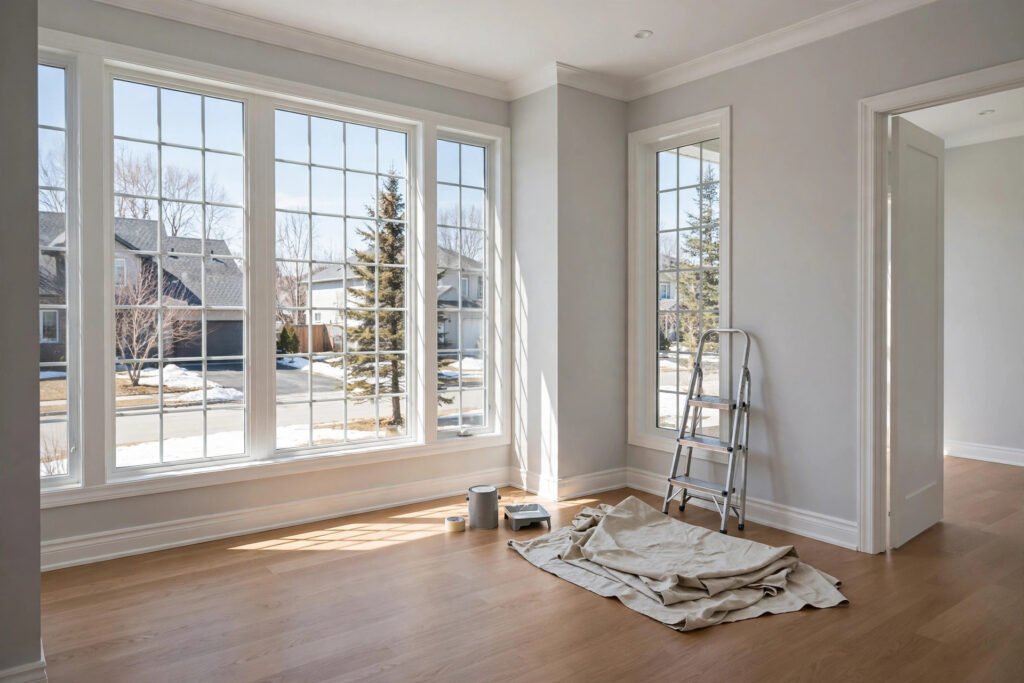 Interior house painting cost Abbotsford – freshly painted living room with light grey walls
