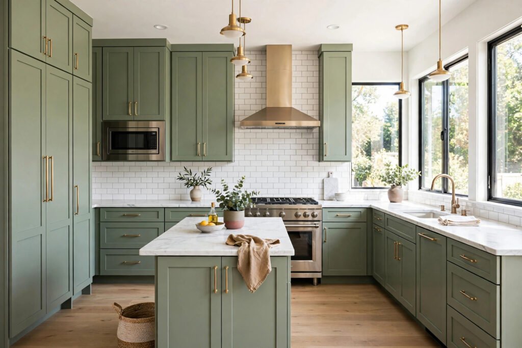 Kitchen cabinet refacing vs replacing cost – refaced sage green shaker cabinets with brass handles