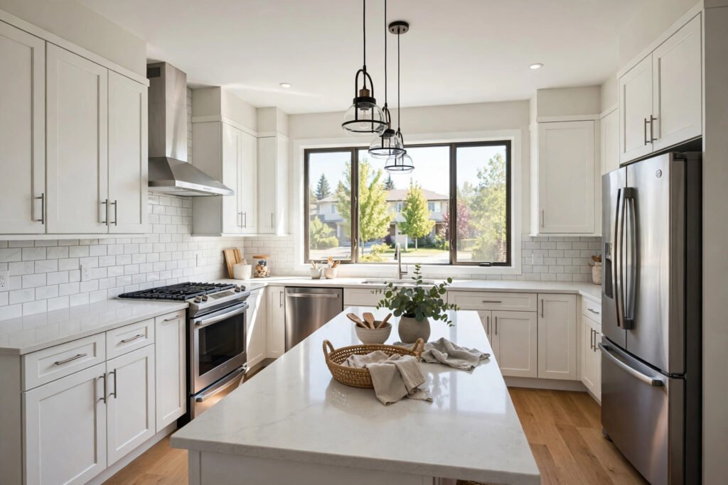 Kitchen renovation cost Abbotsford 2026 – modern renovated kitchen with white shaker cabinets and quartz counters