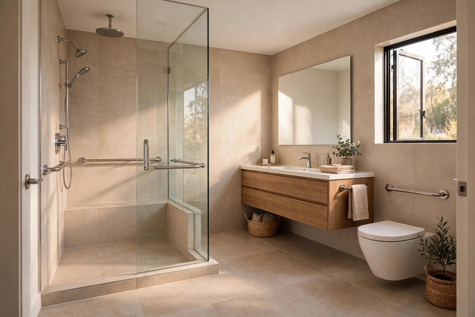 Accessible aging-in-place bathroom with curbless shower, comfort-height toilet and grab bars in a bright modern space