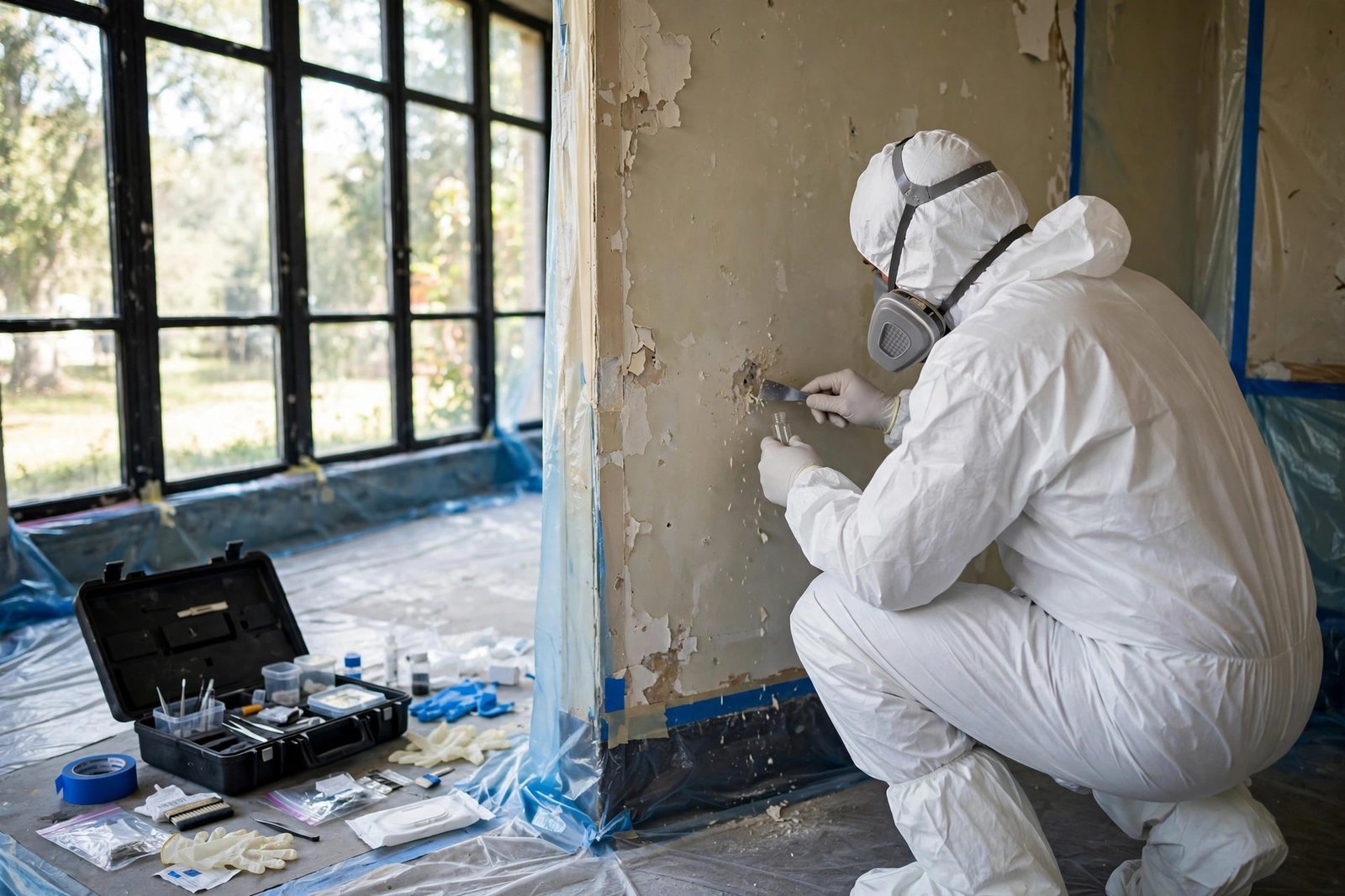 certified asbestos inspector in protective gear taking a material sample from an interior wall