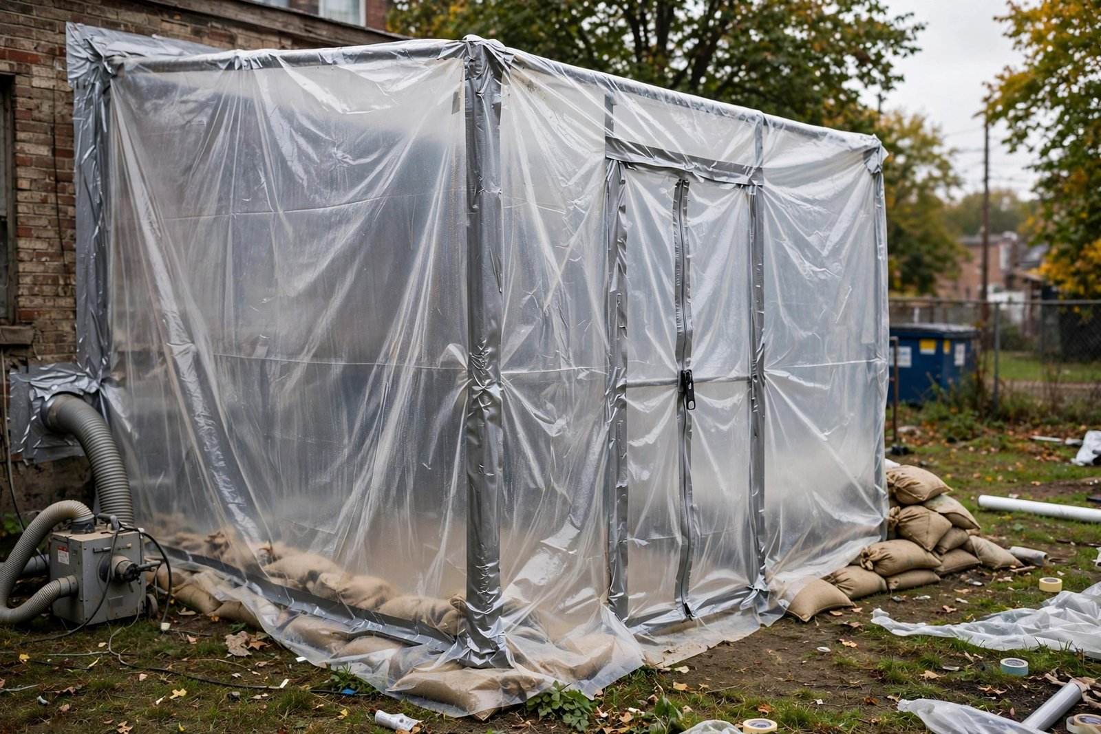 sealed containment area with poly sheeting and negative air equipment during asbestos abatement
