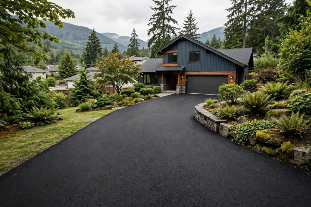 asphalt driveway cost BC — freshly paved asphalt driveway at a BC home