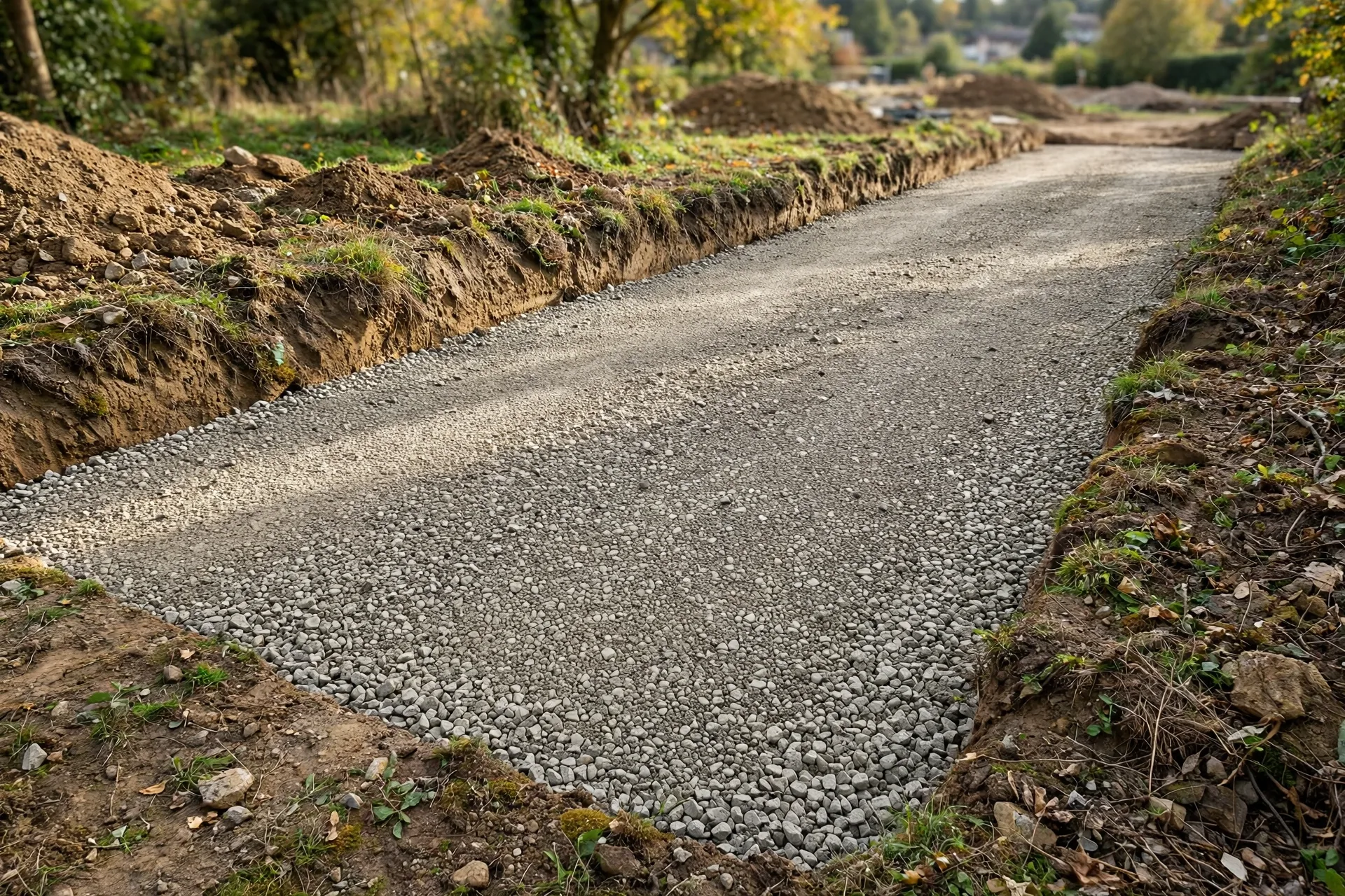 paving crew compacting crushed gravel base before laying asphalt on a BC residential driveway