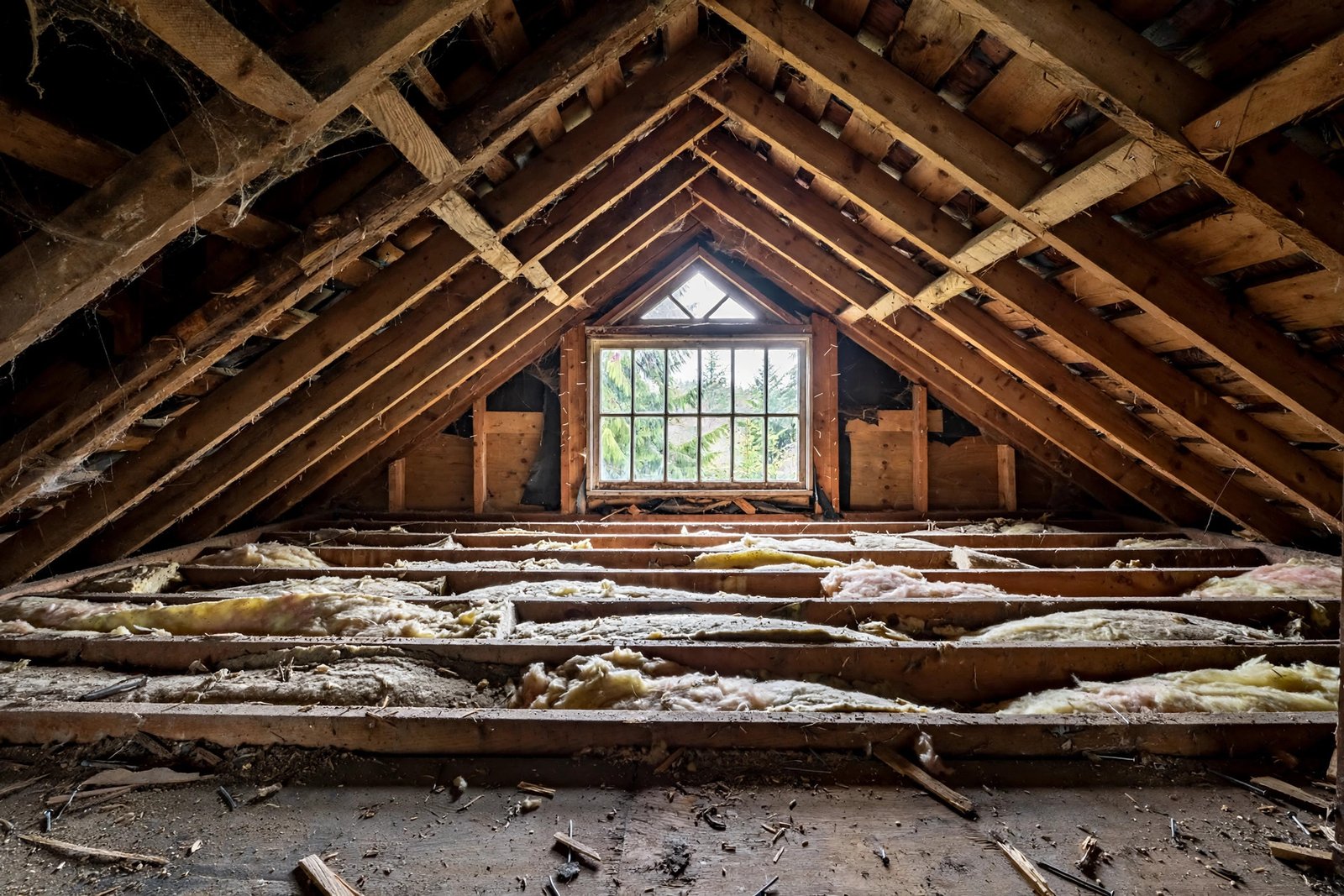 Exposed attic rafters and floor joists before a conversion in a BC home