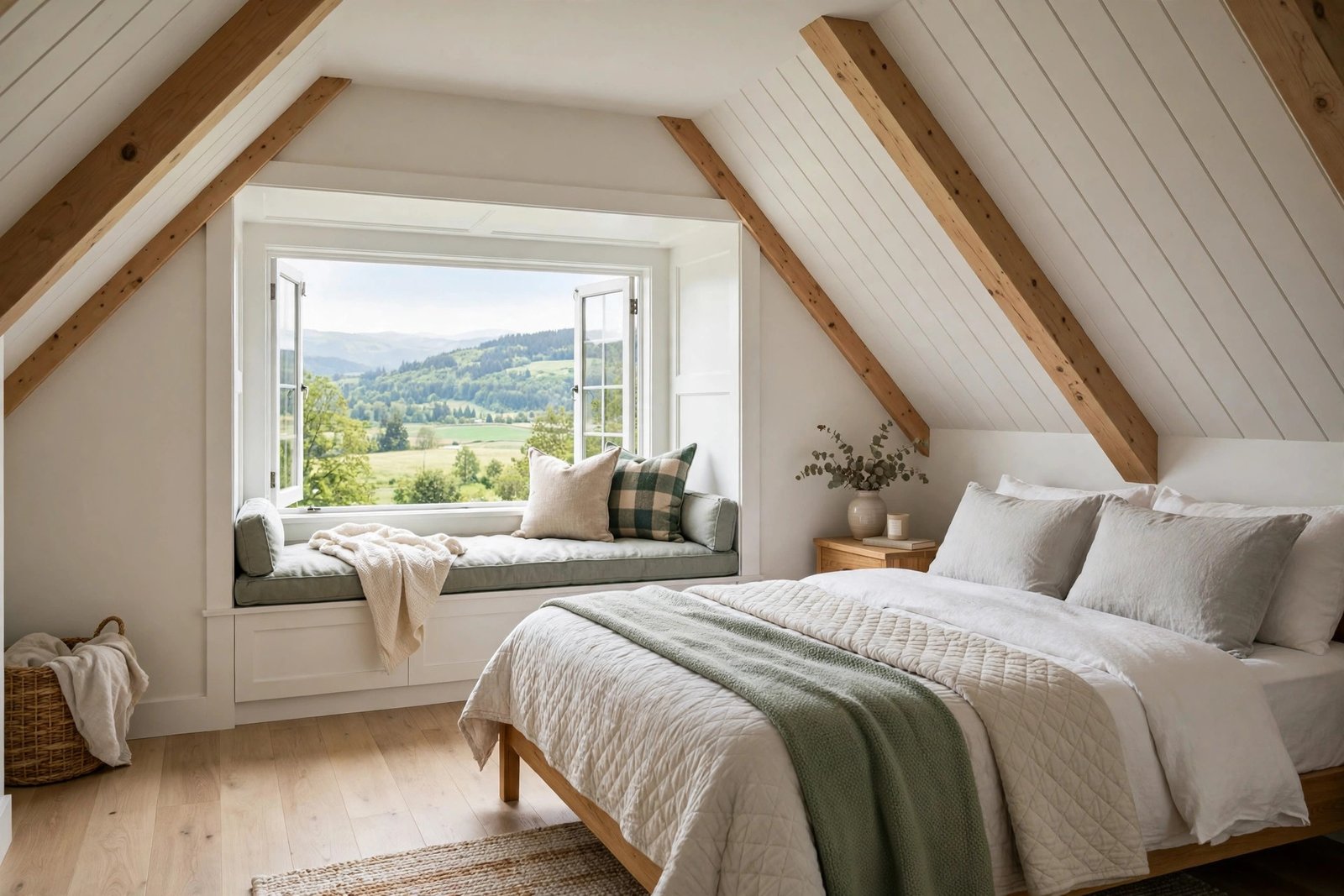 Finished attic bedroom with dormer window and sloped ceiling in a Fraser Valley home