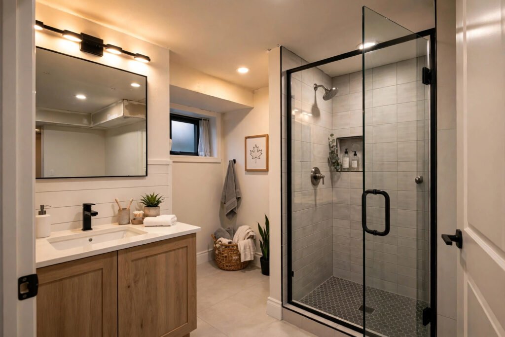 basement bathroom addition cost BC — finished basement bathroom with tiled walk-in shower and vanity in a BC home