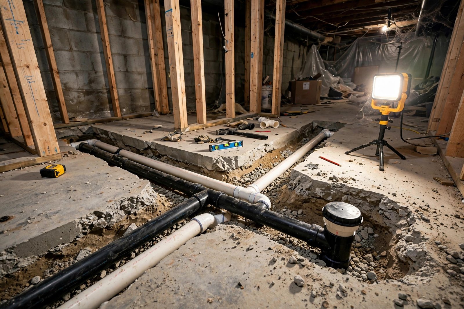 new PVC drain pipes installed in a trench cut into a basement concrete floor during a bathroom rough-in in BC