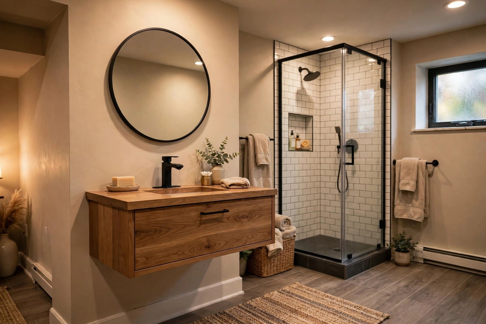 finished basement bathroom in a BC home with vanity, mirror and tiled shower