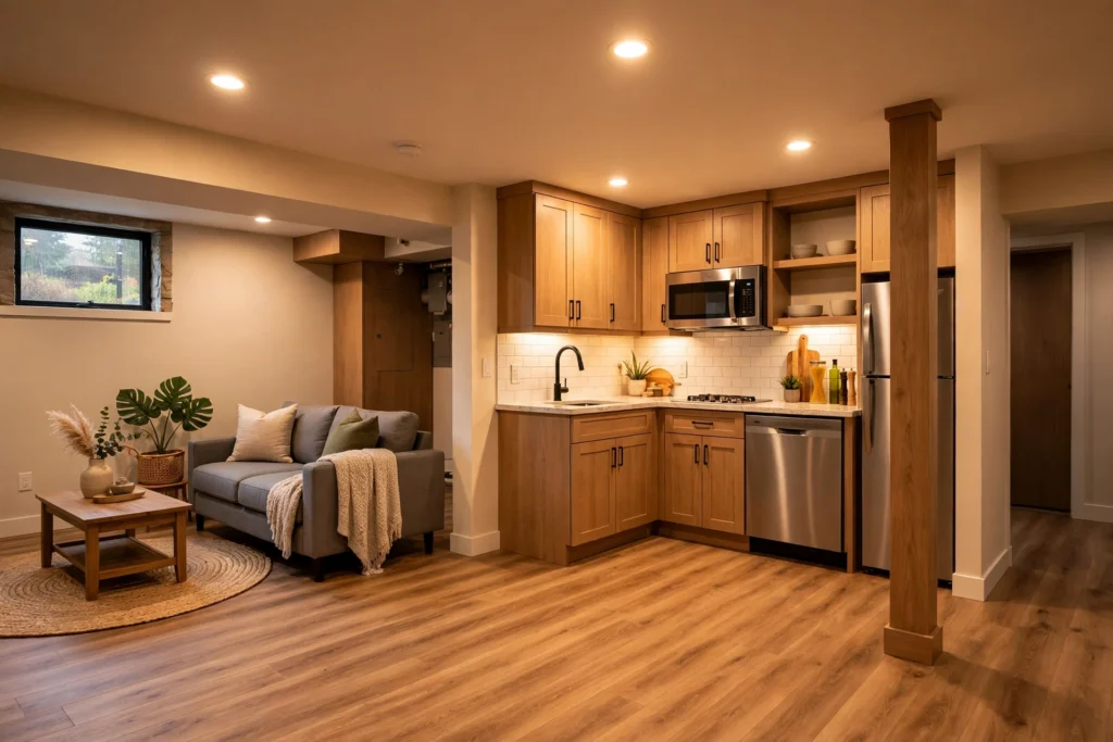 basement renovation cost Surrey BC — newly finished basement with suite kitchen in a Surrey BC home
