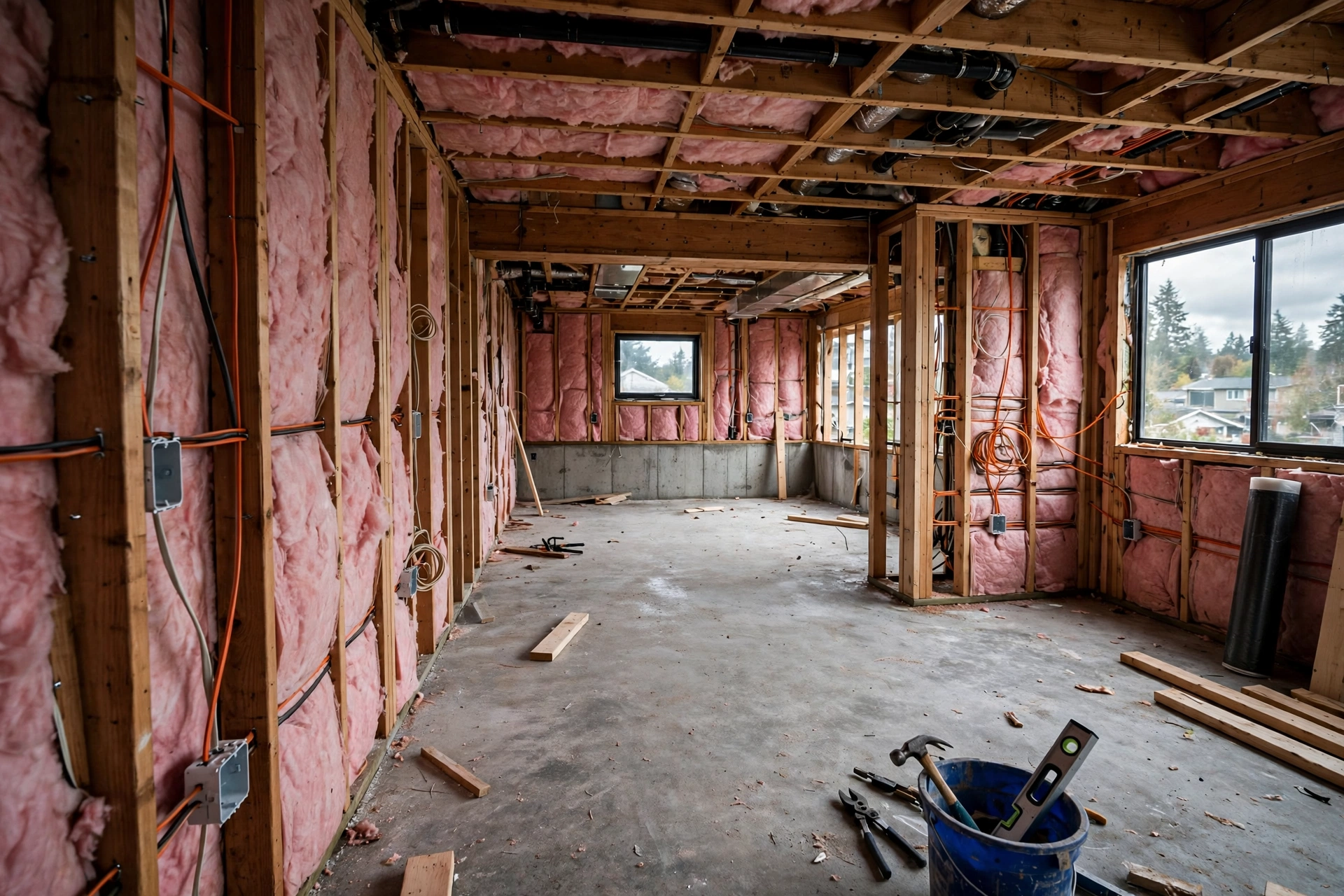 unfinished basement in a Surrey BC home with framing, insulation and new electrical rough-in during renovation