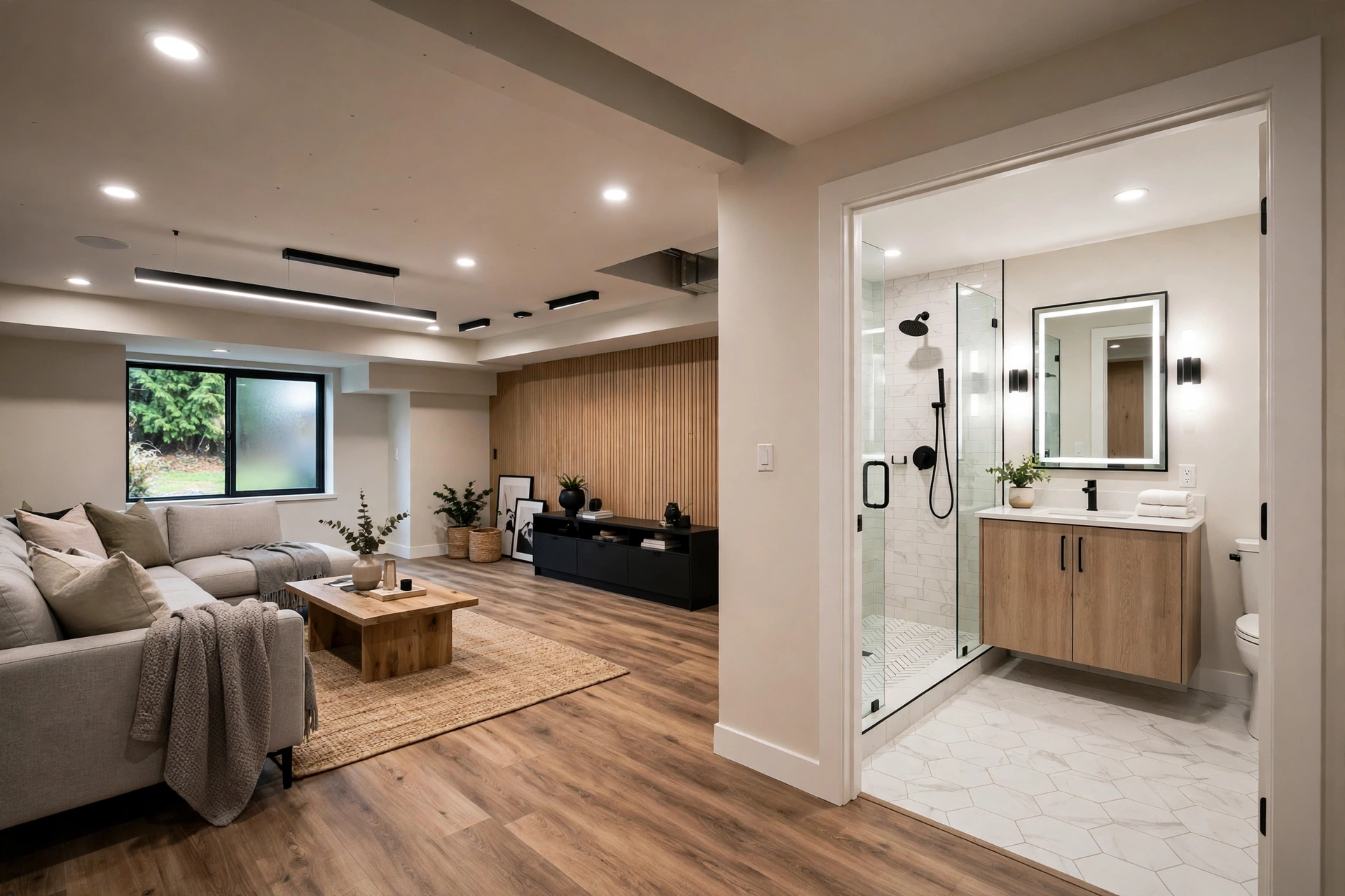 finished basement renovation in Surrey BC with open living space, modern lighting and a new bathroom