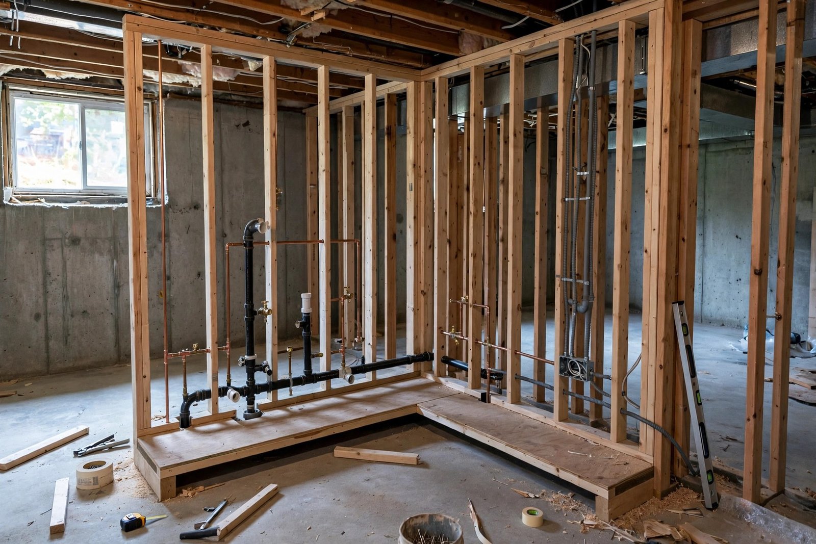 basement wet bar under construction with plumbing rough-in for bar sink, drain lines and electrical conduit visible in open framing