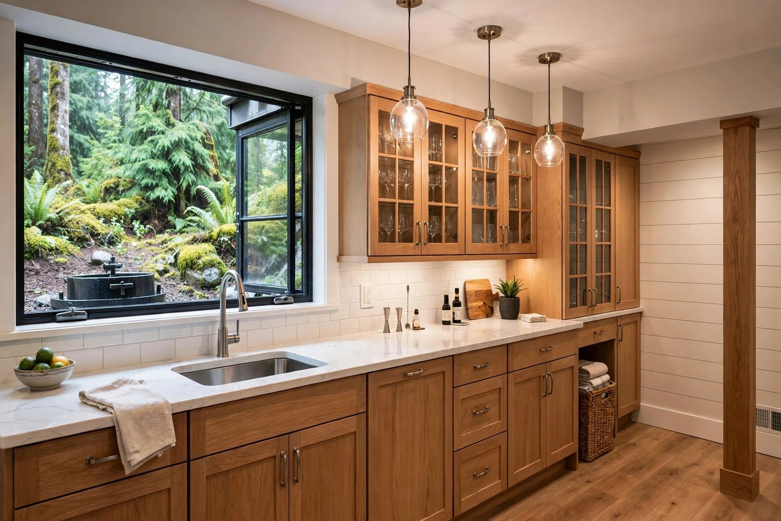 finished basement wet bar in a BC home with quartz counter, bar sink, glass-front cabinets and pendant lighting