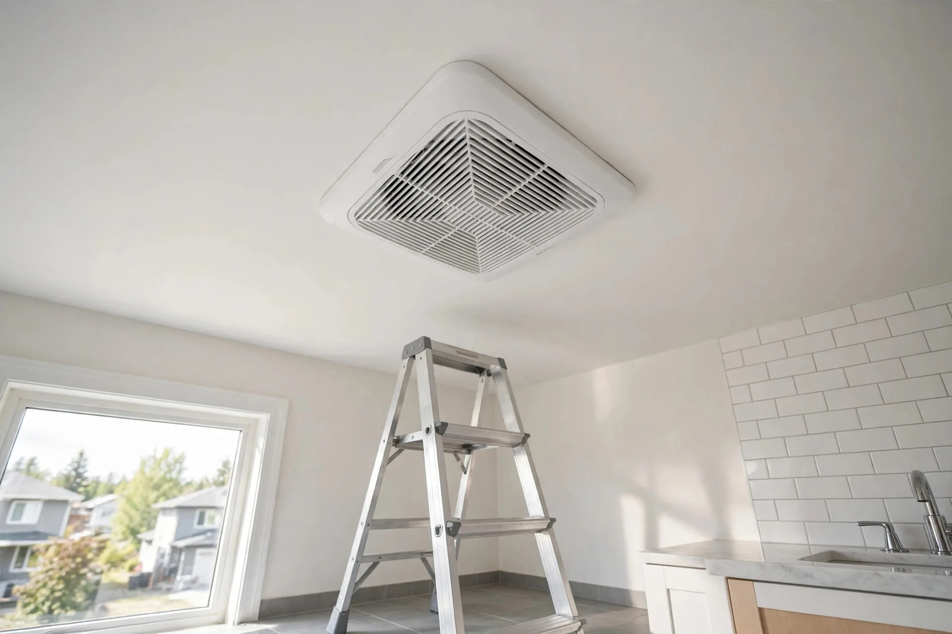 New low-noise bathroom exhaust fan installed in a BC bathroom ceiling