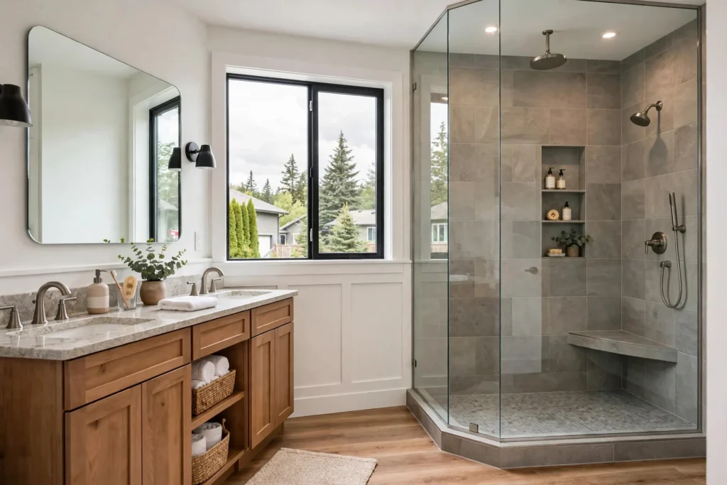 bathroom renovation cost Aldergrove BC — renovated family bathroom with tiled shower and new vanity in an Aldergrove BC home