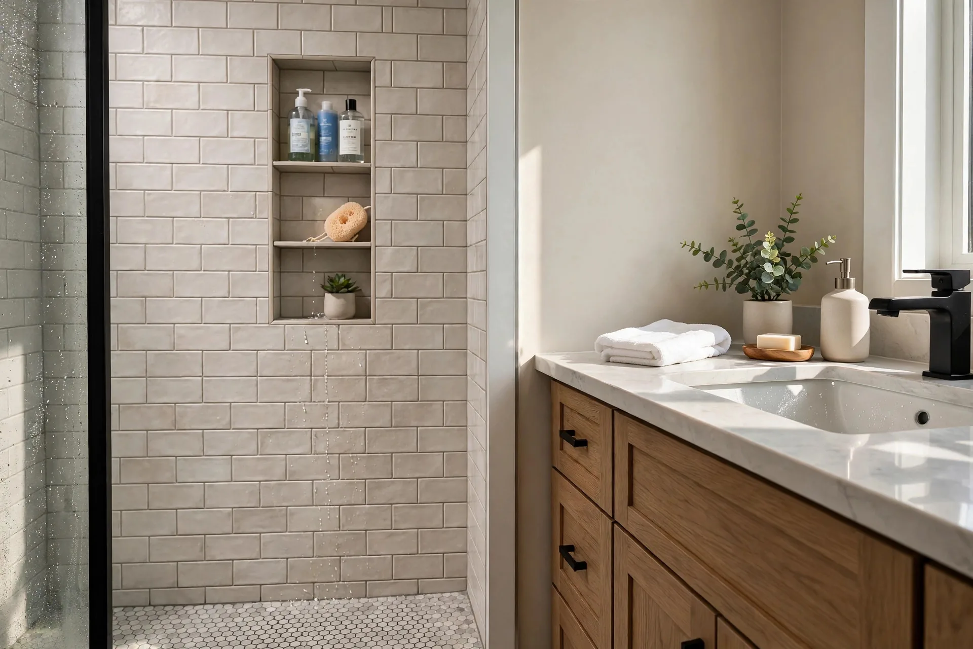 Tiled shower and new vanity in a renovated Aldergrove BC family bathroom