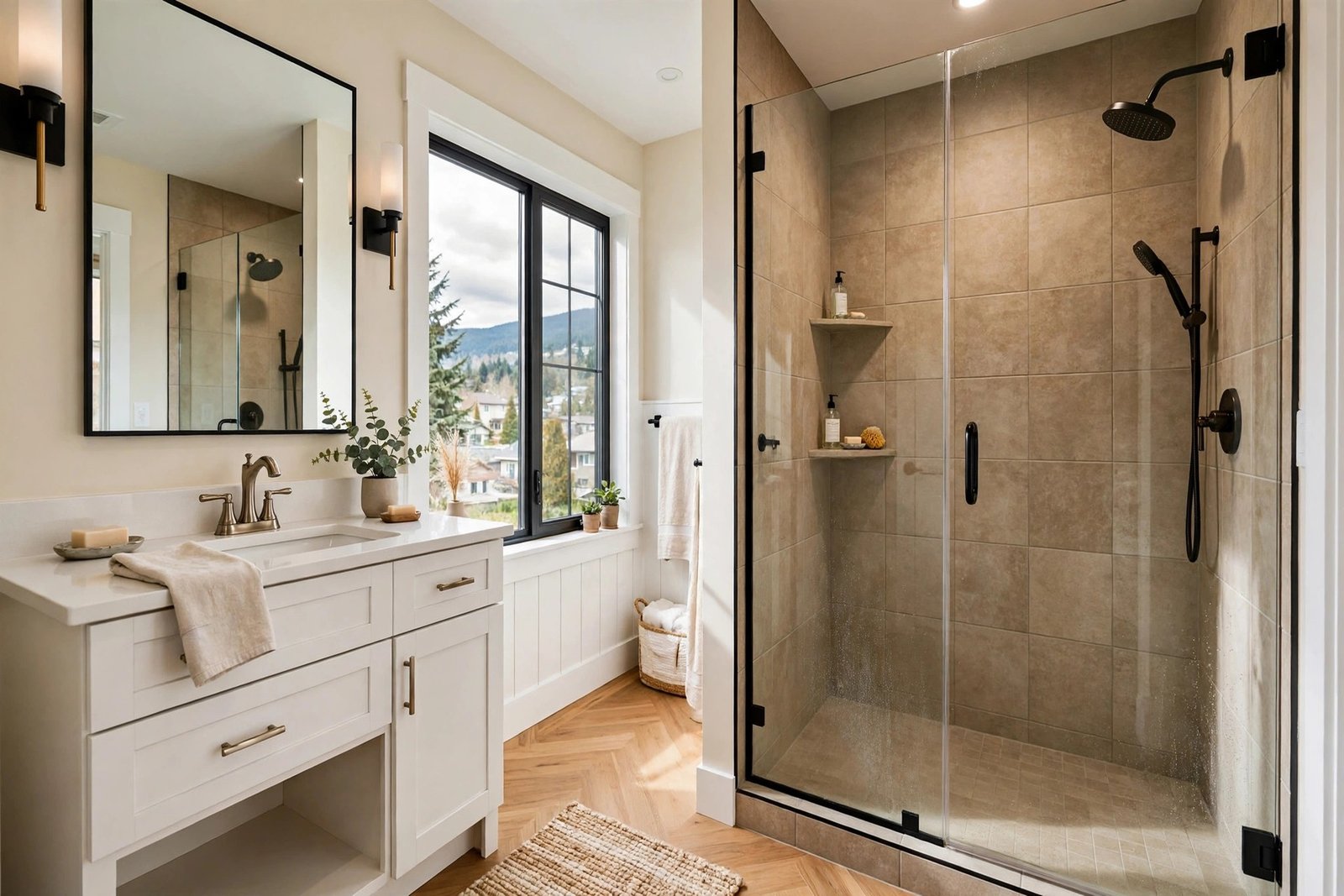 renovated full bathroom in a Chilliwack BC home with a tiled shower surround, white vanity and modern fixtures