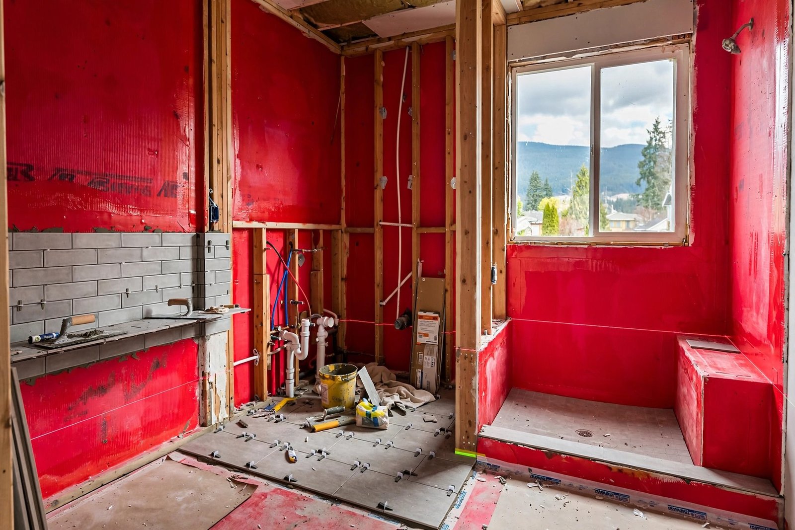 bathroom under renovation in a Chilliwack BC home with new plumbing rough-in, waterproofing membrane and partial tile work