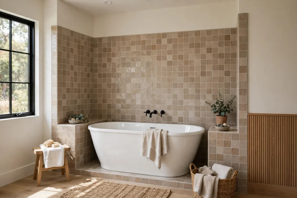 finished ensuite bathroom renovation in Coquitlam BC with walk-in tiled shower and floating vanity