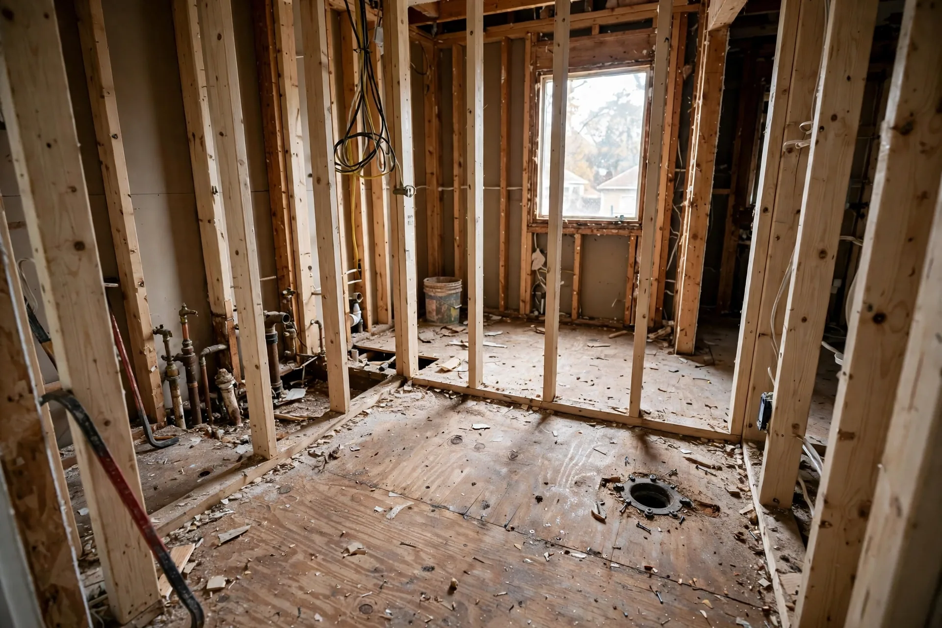 gutted older bathroom in Hope BC with original galvanized plumbing exposed during renovation