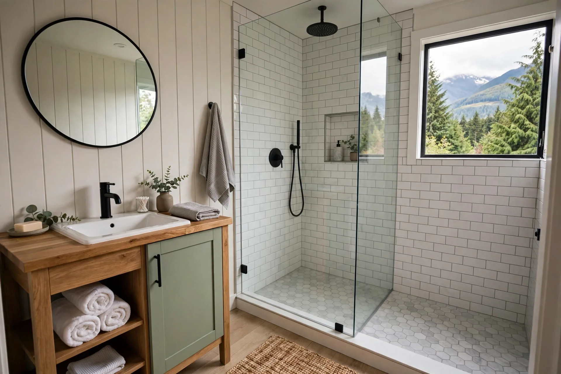 Renovated small bathroom with walk-in shower in a Hope BC home
