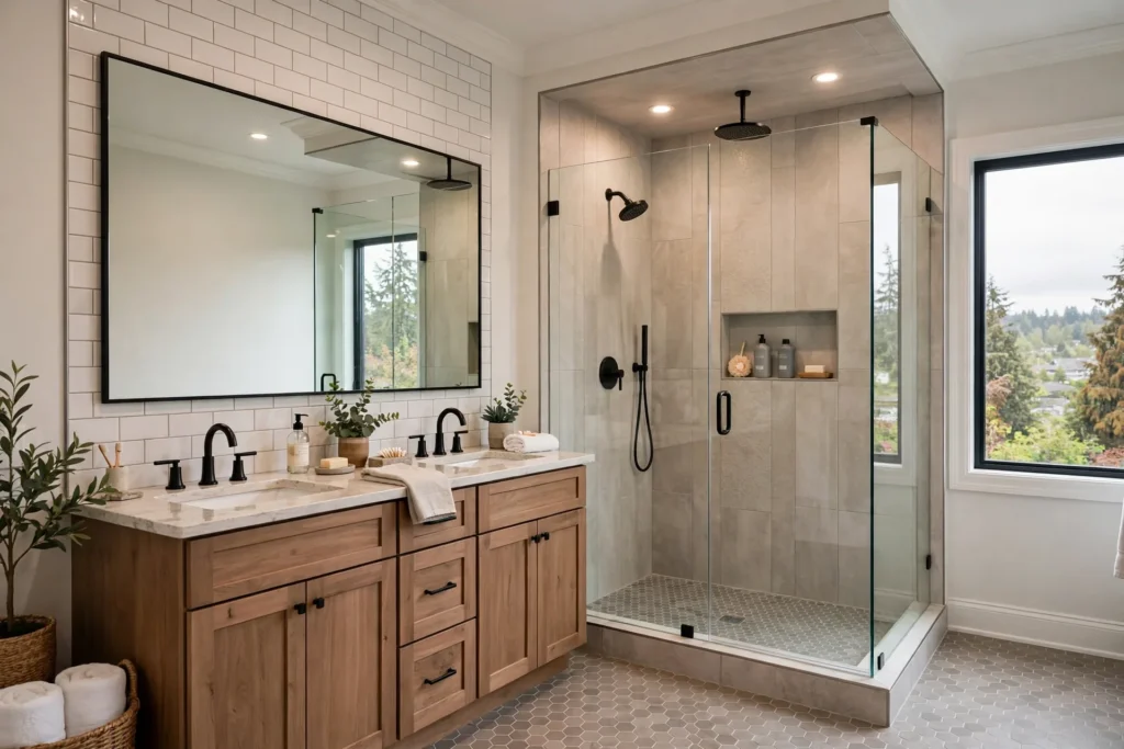 bathroom renovation cost Langley — newly renovated bathroom with tiled shower and double vanity in a Langley BC home