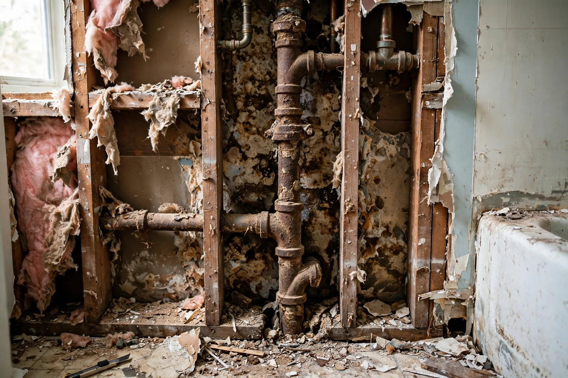 gutted bathroom in a Langley BC home with exposed plumbing and wall framing during renovation