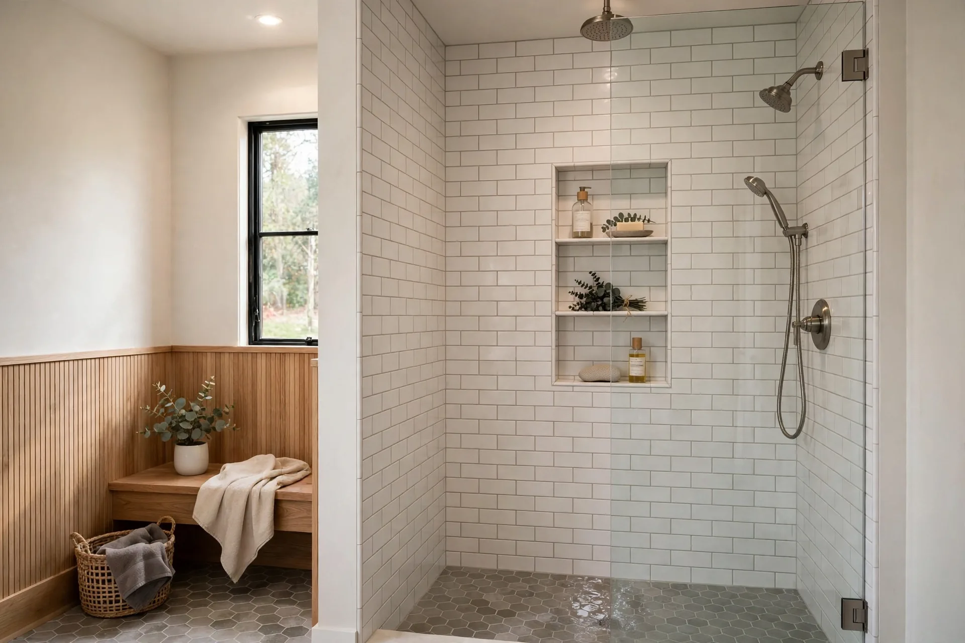 finished renovated bathroom in Langley BC with tiled walk-in shower, floating vanity and modern fixtures