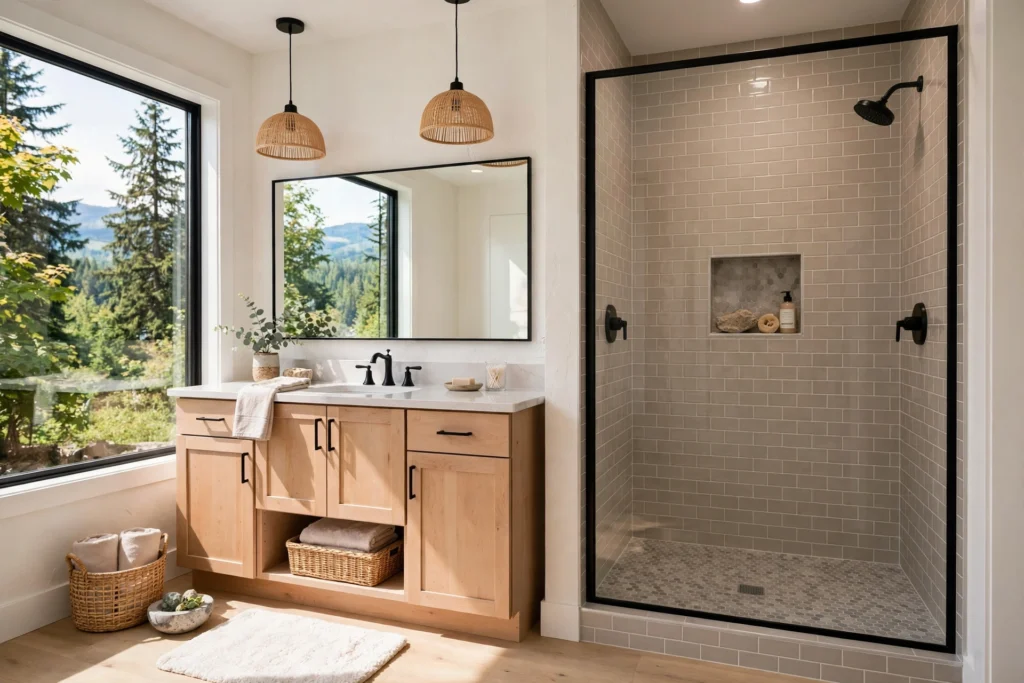 bathroom renovation cost Maple Ridge BC — renovated bathroom with tiled shower in a Maple Ridge BC home