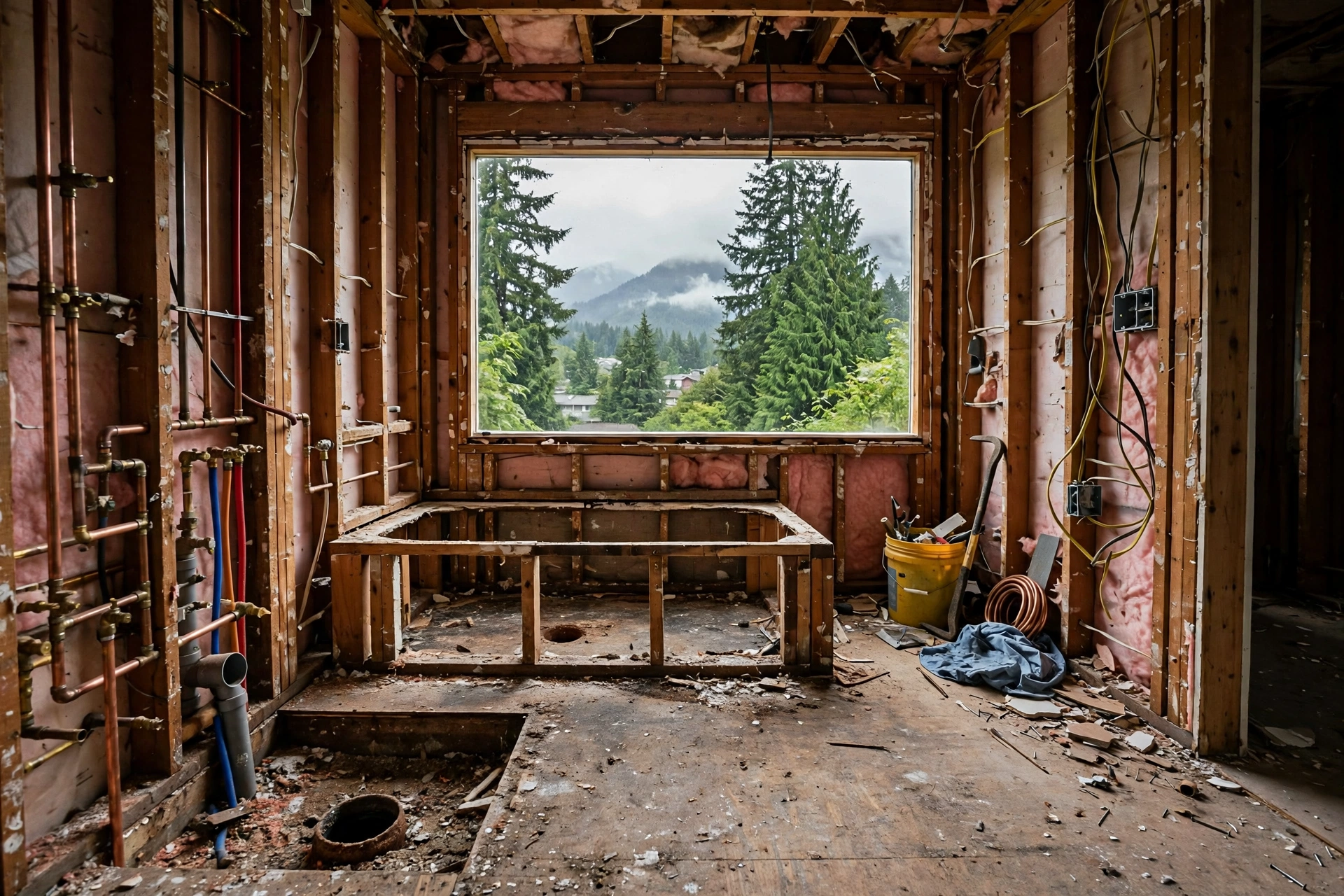 gutted bathroom in a Maple Ridge BC home with exposed plumbing and framing during renovation
