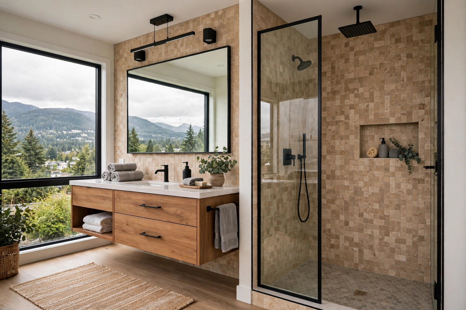 finished renovated bathroom in Maple Ridge BC with tiled walk-in shower, floating vanity and modern fixtures