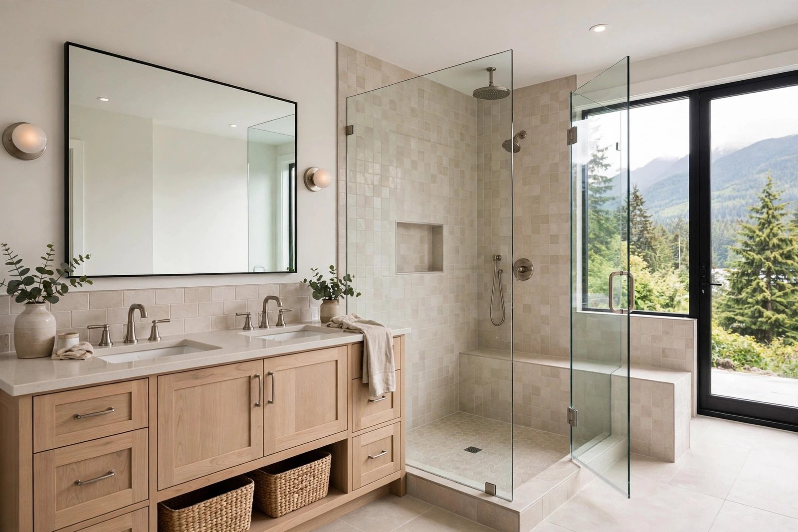 Renovated main bathroom in a Mission BC home with walk-in tiled shower and double vanity
