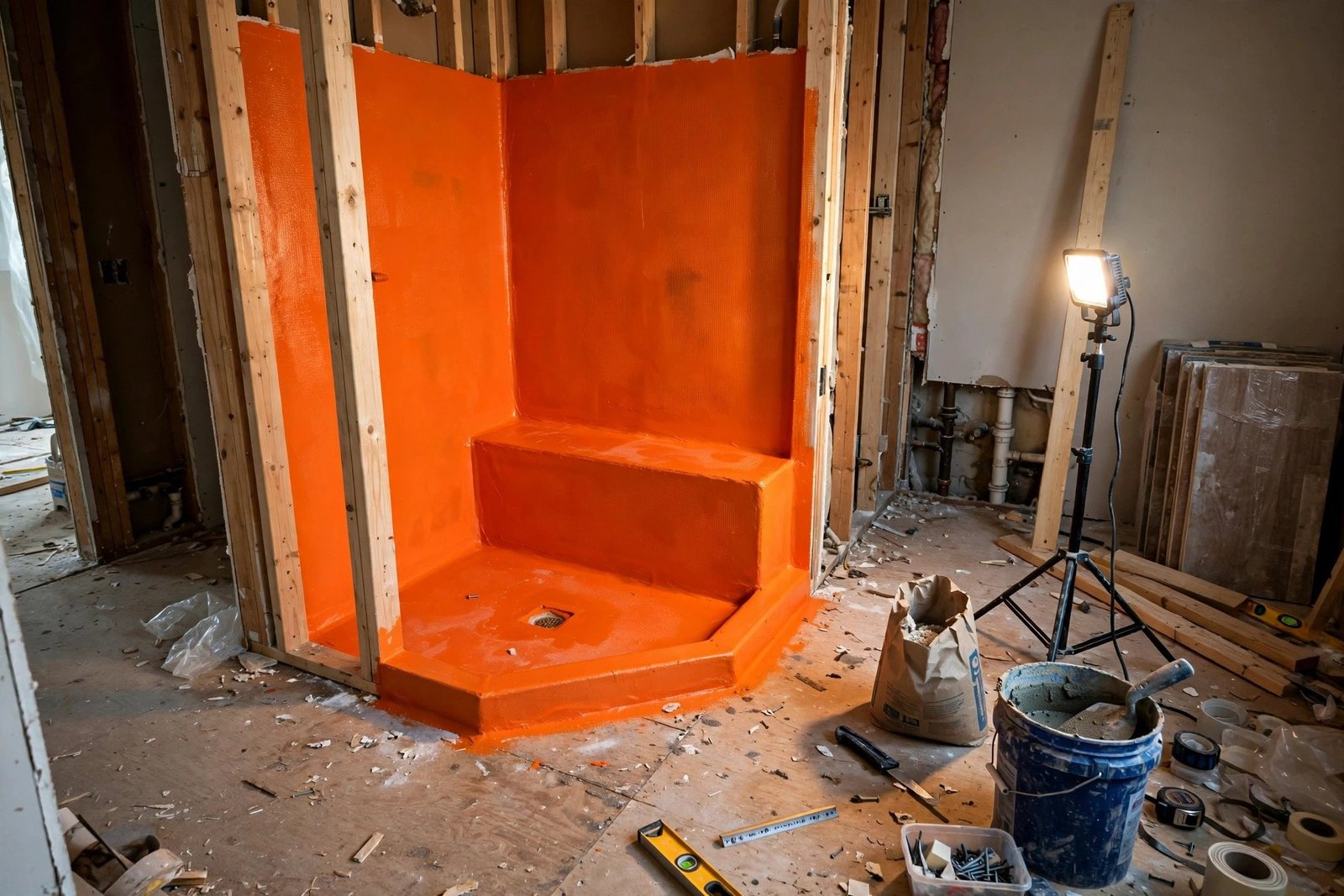 Bathroom renovation in progress showing waterproofing membrane installed in a shower