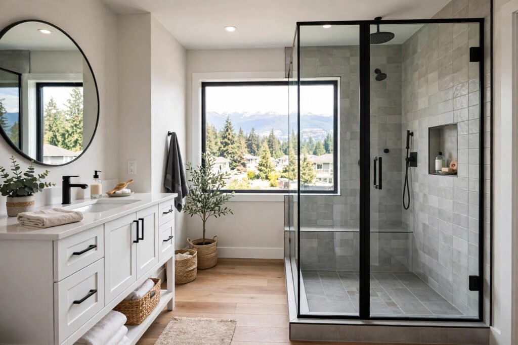 bathroom renovation cost Pitt Meadows BC — renovated bathroom with tiled shower and modern vanity in a Pitt Meadows BC home