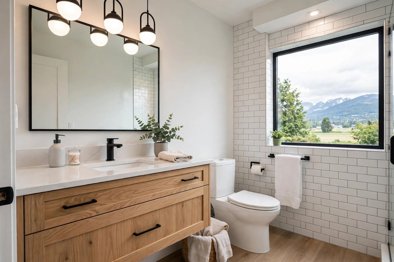 New vanity, toilet and lighting installed in a bright Pitt Meadows BC bathroom renovation
