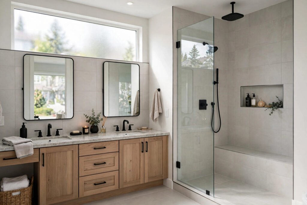 bathroom renovation cost Surrey BC — newly renovated bathroom with walk-in tiled shower and double vanity in a Surrey home