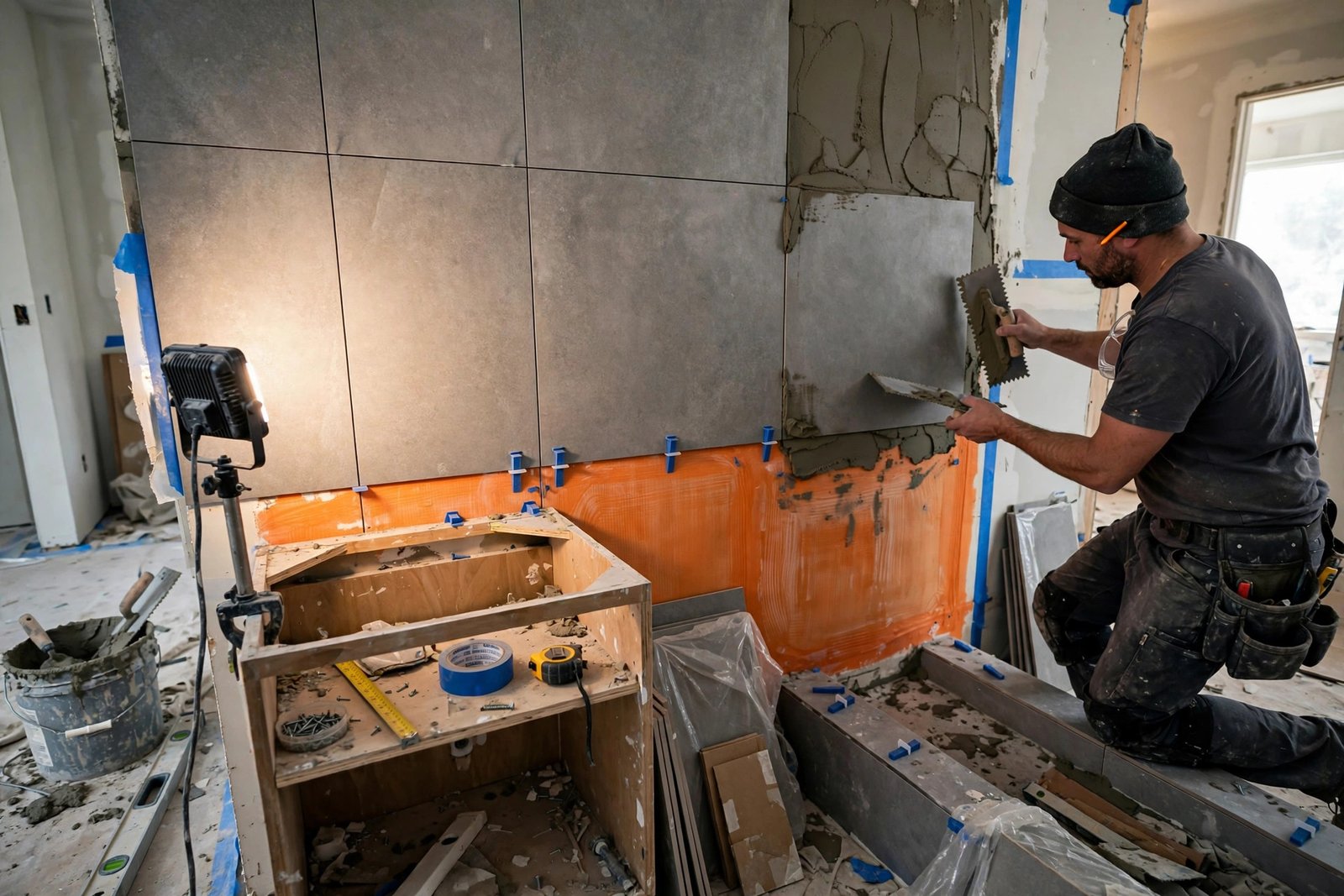 bathroom renovation in progress in a Surrey BC home with large-format tile being installed over waterproofing membrane