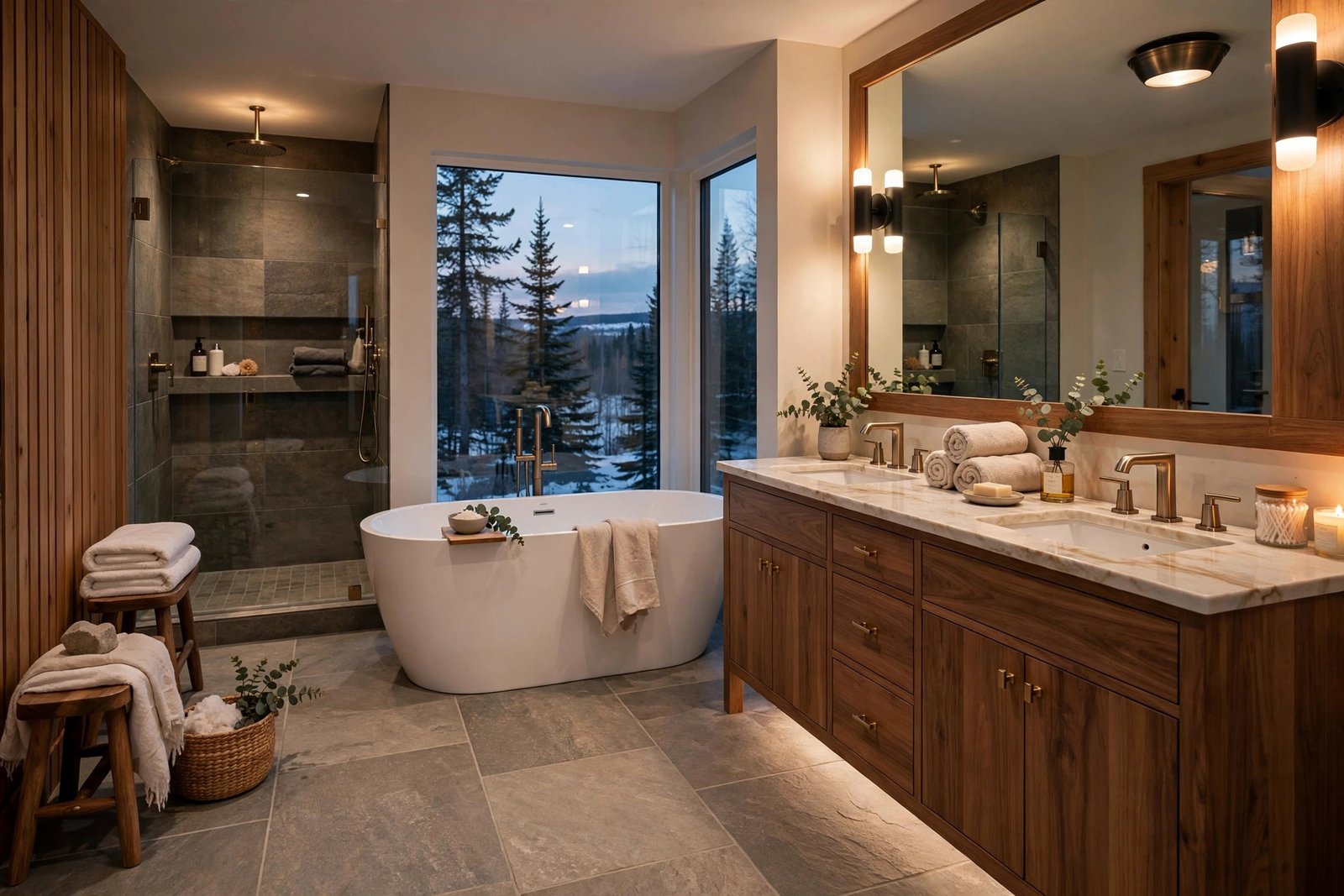 finished ensuite bathroom renovation in Surrey BC with freestanding soaker tub and tiled walk-in shower