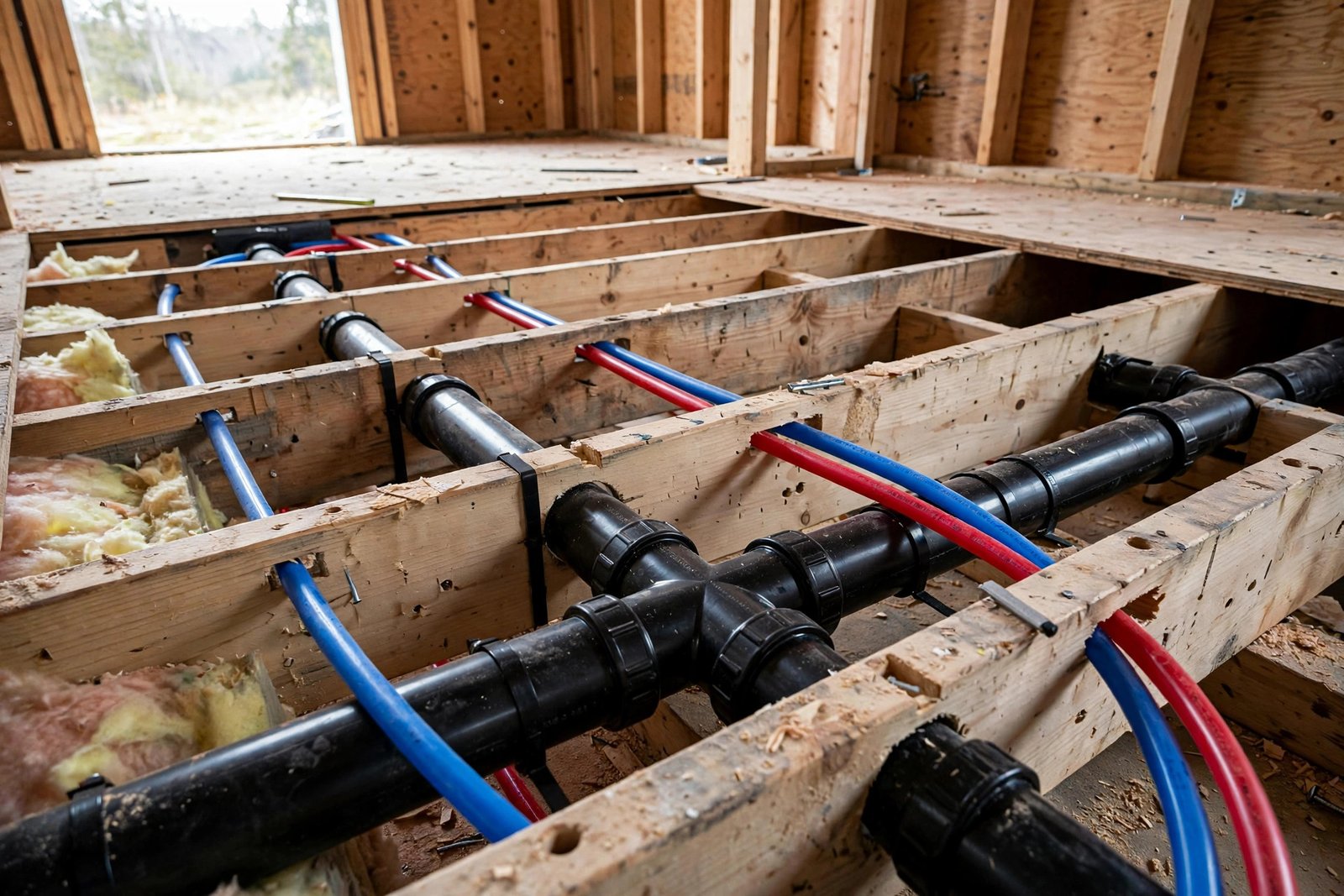 new ABS drain and PEX water lines roughed in for relocated bathroom fixtures in Abbotsford