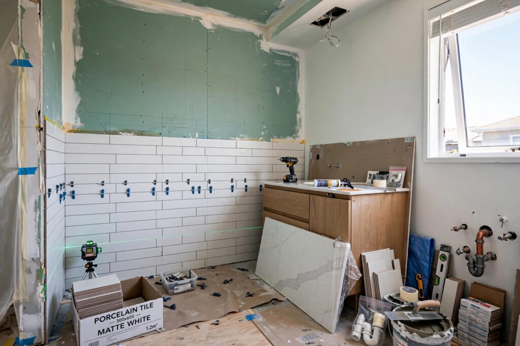 Bathroom mid-renovation with new tile being installed in Abbotsford