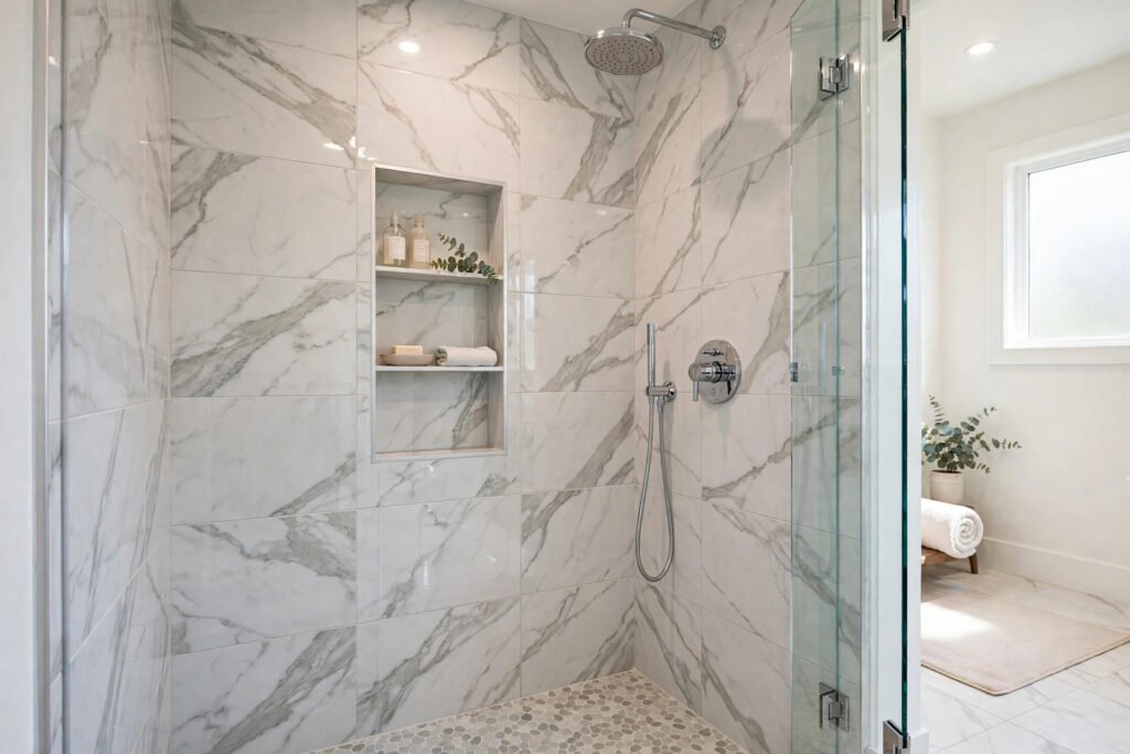 bathroom tile installation cost BC — marble look porcelain tiled shower with built in niche in a BC bathroom