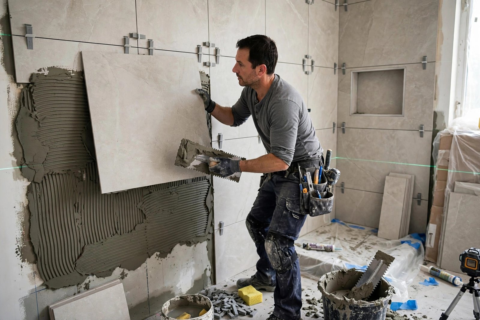 tiler installing large format porcelain tiles on a bathroom shower wall in BC