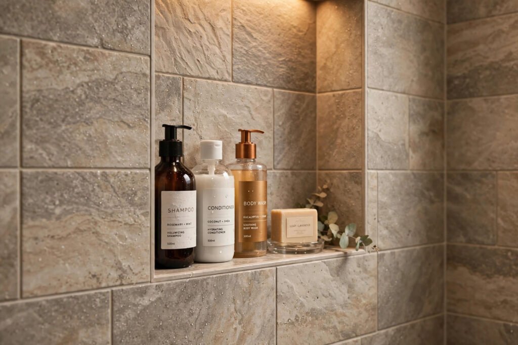 finished tiled shower with built in niche and stone look porcelain tile in a BC bathroom