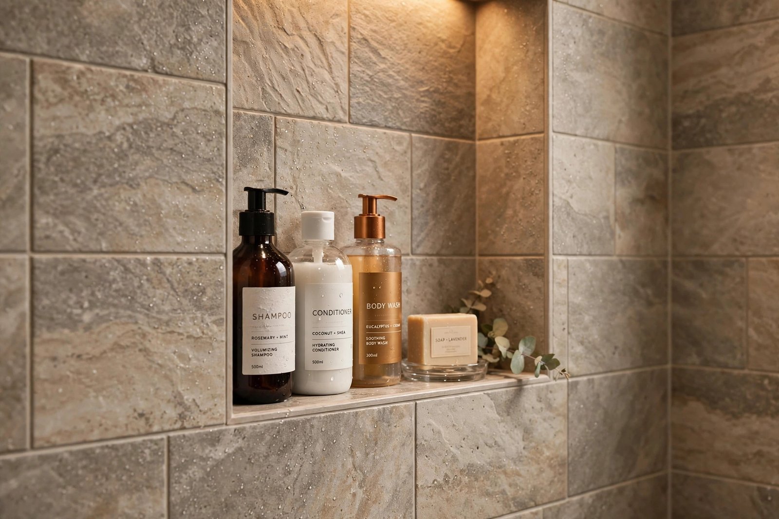 finished tiled shower with built in niche and stone look porcelain tile in a BC bathroom
