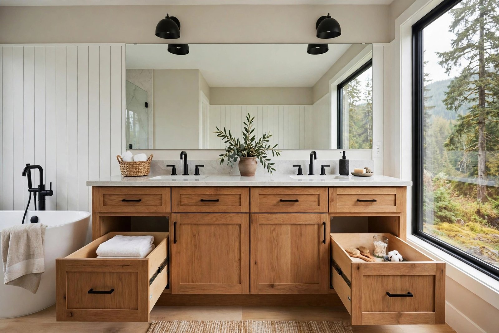 renovated BC bathroom with a double vanity, quartz top, matte black faucets and soft-close drawers open