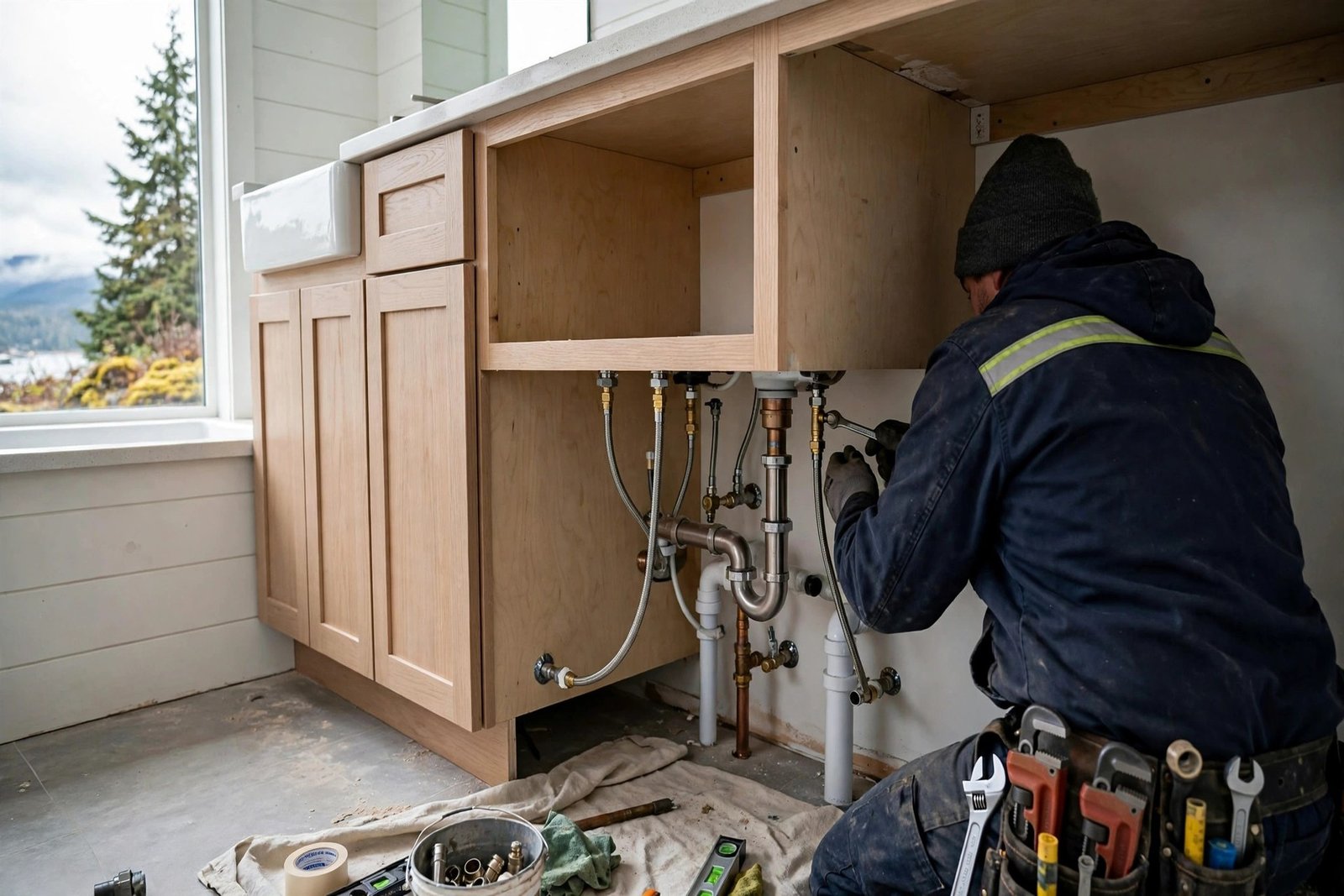 plumber connecting supply lines and drain under a newly installed bathroom vanity in a BC home